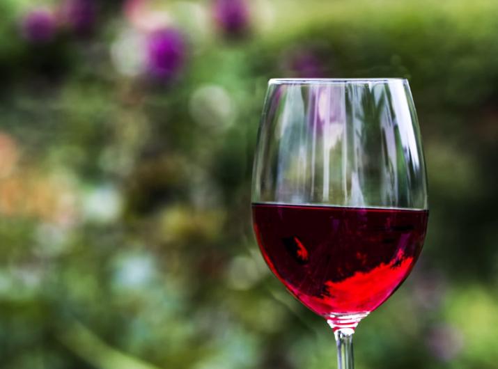 Glass of red wine with blurred natural background.